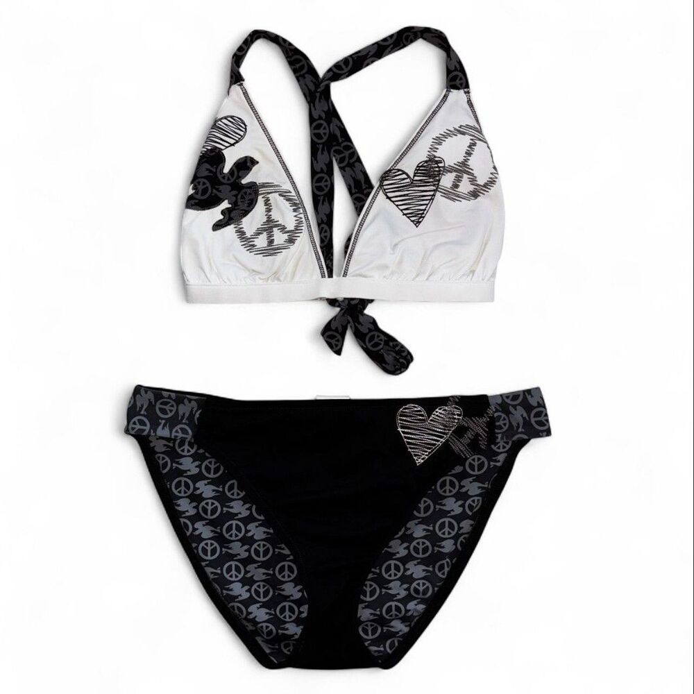 Y2k Lucky Brand Black White Peace Hearts Sparrow Embroidered Grunge Bikini Set